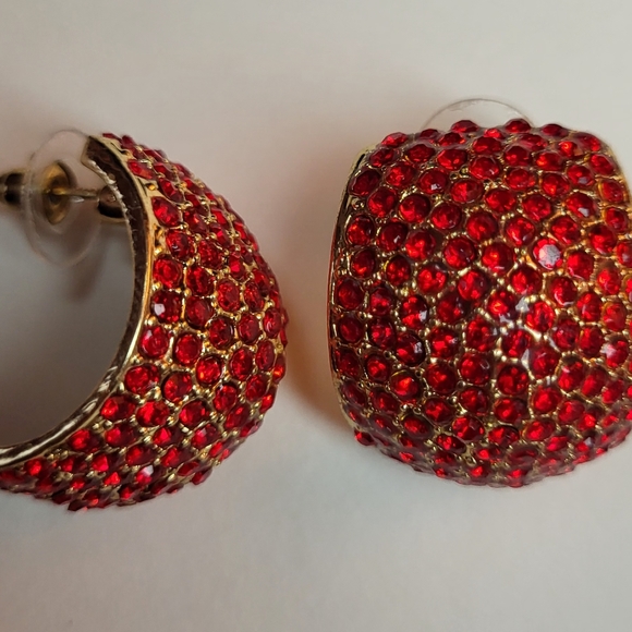 Ruby Red and Gold Rhinestone Earrings - Picture 3 of 7